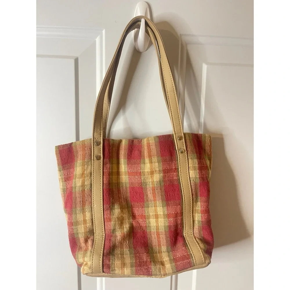 Vintage Longaberger Plaid Tote Bag Red & Tan Checker Fabric Purse w Leather - Picture 3 of 4
